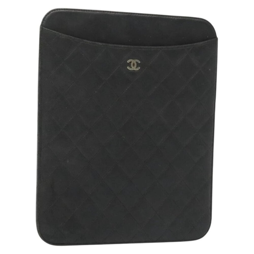 CHANEL Matelasse iPad Case Lamb Skin Black Silver CC Auth 141696 - Picture 1 of 16